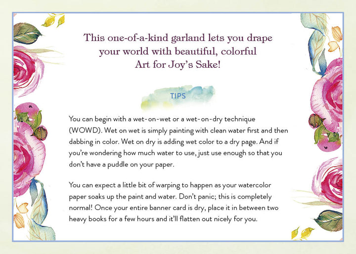 A decorative card from Schiffer Publishing, Ltd.'s Paint-Your-Own Watercolor Garland offers pink floral art and tips for wet-on-wet and wet-on-dry techniques—ideal for crafting a personalized garland for your celebration.