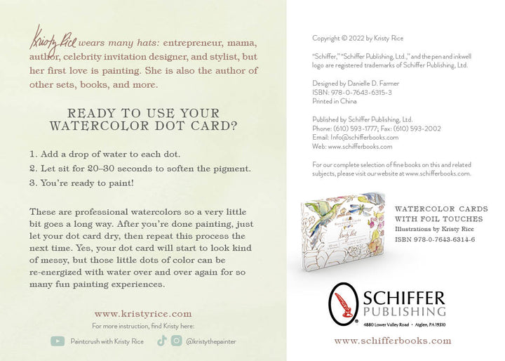 A guide from Schiffer Publishing, Ltd. for the Paint-Your-Own Watercolor Garland, featuring step-by-step painting instructions, a Kristy Rice bio, copyright info, and an image of a customizable floral celebration card.