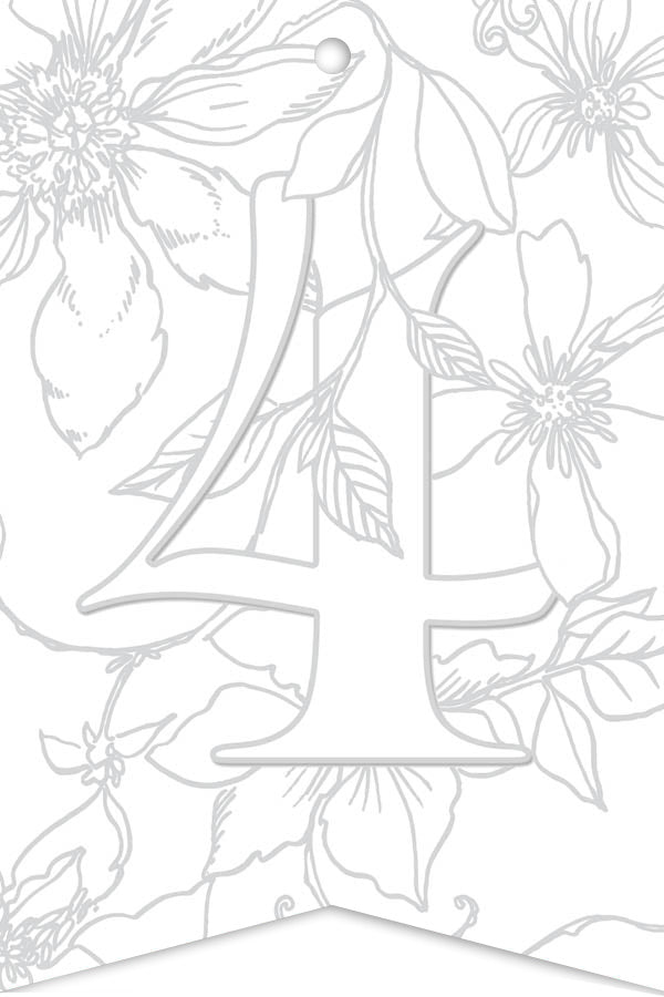 A bold number 4 is centered on a white background with subtle gray floral and leaf designs, ideal for customizing as party décor or pairing with Schiffer Publishing's Paint-Your-Own Watercolor Garland.