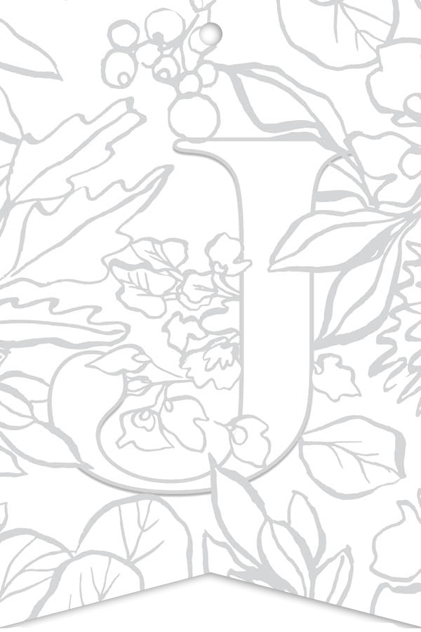The Paint-Your-Own Watercolor Garland by Schiffer Publishing, Ltd. features a large letter U outlined with floral and leaf patterns in light gray on white—perfect for customizable celebration decorations.