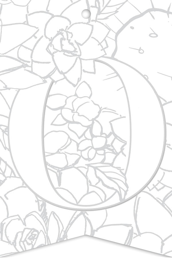 The Paint-Your-Own Watercolor Garland by Schiffer Publishing, Ltd. features a large outlined letter O centered on a banner with succulent plants in thin gray lines, creating a customizable and eye-catching decoration.