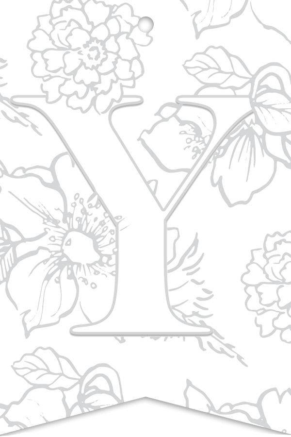 A bold letter Y stands centered on white with gray floral outlines, reflecting the elegant flower designs of the Schiffer Publishing, Ltd. Paint-Your-Own Watercolor Garland—ideal as a customizable celebration decoration.