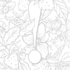 An outline of strawberries, leaves, and flowers forms the background with a bold exclamation mark in front. The monochrome design by Schiffer Publishing, Ltd.'s Paint-Your-Own Watercolor Garland is perfect for customizable celebrations or DIY projects.