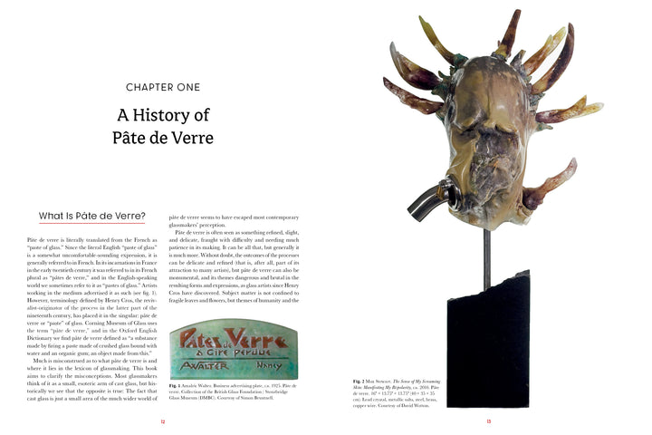 A two-page spread from "Pâte de Verre" by Schiffer Publishing, Ltd. features history text on the left and, on the right, a photo of a translucent glass sculpture—an animal head with horns—mounted on a black base, highlighting glass artistry.