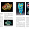 Two pages from "Pâte de Verre" by Schiffer Publishing, Ltd. show text and four glass art images: a multicolored shell, blue vase with yellow flowers, swirling blue dish, and pink cup with blue-green trails, highlighting pâte de verre techniques.