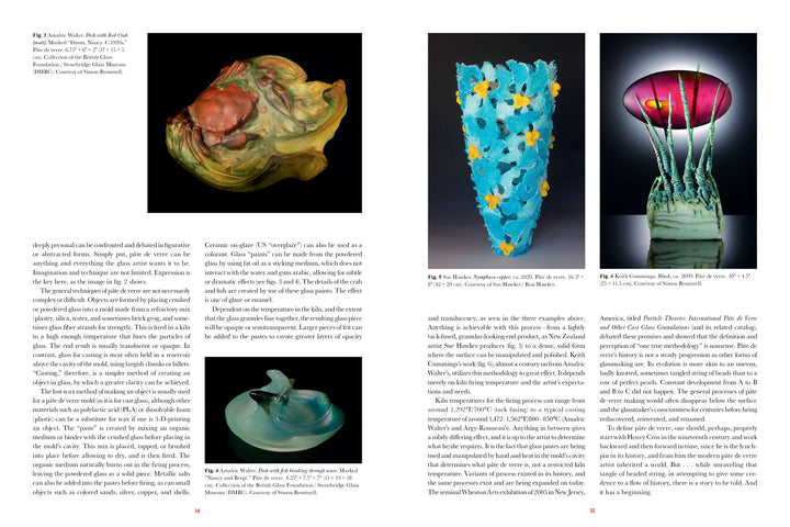Two pages from "Pâte de Verre" by Schiffer Publishing, Ltd. show text and four glass art images: a multicolored shell, blue vase with yellow flowers, swirling blue dish, and pink cup with blue-green trails, highlighting pâte de verre techniques.