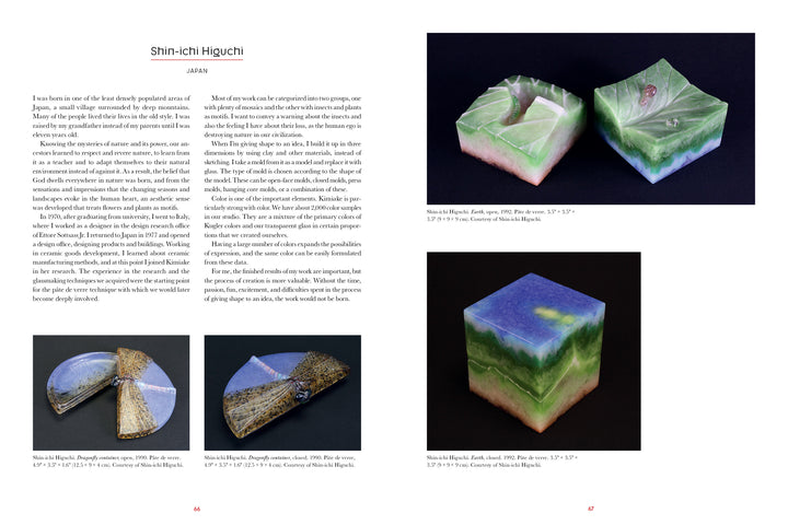 Two pages from "Pâte de Verre" (Schiffer Publishing, Ltd.) showcase Shini-ichi Higuchi’s glossy, geometric green and blue ceramic works—reminiscent of glass art—with captions, dimensions, and artist info for four featured pieces.