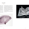 A two-page spread shows a white lace fan on the left and an open book displaying black-and-white portraits on delicate pages at right, with descriptive text about Pâte de Verre from Schiffer Publishing, Ltd.