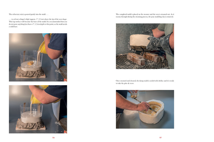 Four photos from Schiffer Publishing, Ltd.'s *Pâte de Verre* show hands casting glass art: pouring liquid, removing the mold from the chamber, taking off the shell, and revealing the piece, all with text instructions for each step.