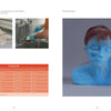 A person cleans pale ceramics in a sink (top left), an orange firing schedule chart for Schiffer Publishing, Ltd.’s Pâte de Verre is shown (bottom left), and a blue and red glass bust of a woman’s head is pictured (right).