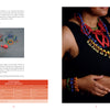 A person wearing vibrant glass Pâte de Verre jewelry—by Schiffer Publishing, Ltd.—holds beaded pieces, while on the left hands assemble jewelry. At the bottom is an orange firing schedule chart.