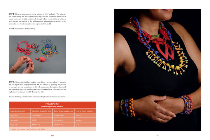 A person wearing vibrant glass Pâte de Verre jewelry—by Schiffer Publishing, Ltd.—holds beaded pieces, while on the left hands assemble jewelry. At the bottom is an orange firing schedule chart.