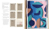 Instructional page by Schiffer Publishing, Ltd. shows how to hem fabric for beginners, with diagrams left and a vibrant punch needle textile—blue, pink, green, and peach shapes—on the right. Product: Punch Needle.