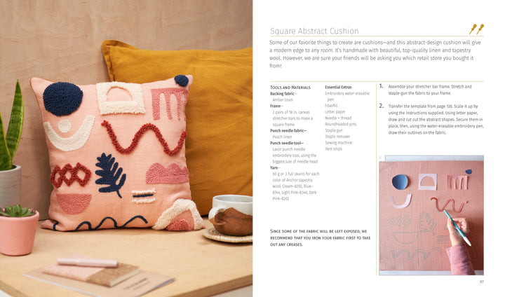 A pink abstract cushion with textured shapes in white, red, and peach sits on a beige chair—a perfect Punch Needle project for beginners. Instructions and materials by Schiffer Publishing, Ltd. are shown on the right with a close-up of the design.
