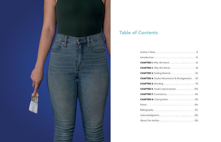 A person in blue jeans and a dark green top holds a paintbrush against a blue background beside the Table of Contents of "Wellness for Makers" by Schiffer Publishing, Ltd., highlighting chapters on artist self-care and injury prevention.