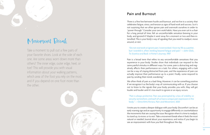 The open pages of "Wellness for Makers" from Schiffer Publishing, Ltd. feature abstract white circles on a pale background, sharing a Movement Break foot posture tip for artists and advice on Pain and Burnout with blue-accented quotes.