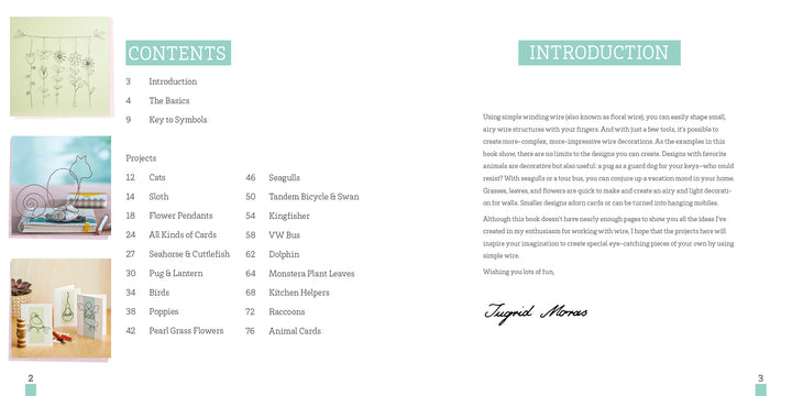 An open spread of "Whimsical Wire" by Schiffer Publishing, Ltd. shows a contents page listing sections like beginner wire crafts and animal card images on the left, while the right introduces the book with a cursive signature at the bottom.