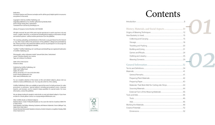 The image shows a two-page spread of "Weaving with Strips" by Schiffer Publishing, Ltd. The left page has publishing and copyright details; the right page displays the table of contents with sections on woven baskets, weaving techniques, and strip weaving.