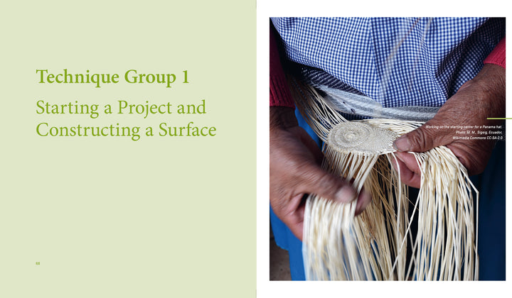 Hands skillfully weave natural fibers to create the base of a basket, with text on the left introducing “Weaving with Strips” by Schiffer Publishing, Ltd.: Technique Group 1 – Starting a Project and Constructing a Surface.