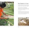 A person weaves a basket from green palm leaves, surrounded by fronds. Insets show a hand holding a woven basket and a square container. Text describes techniques from "Weaving with Strips" by Schiffer Publishing, Ltd.
