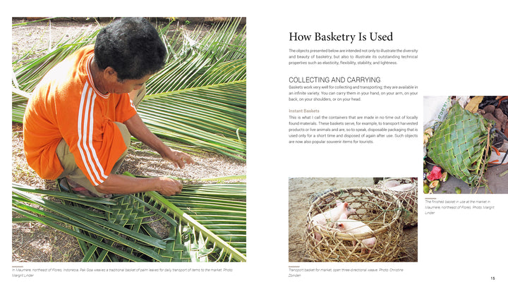 A person weaves a basket from green palm leaves, surrounded by fronds. Insets show a hand holding a woven basket and a square container. Text describes techniques from "Weaving with Strips" by Schiffer Publishing, Ltd.
