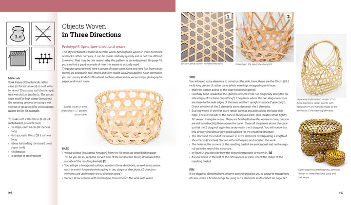 In Schiffer Publishing, Ltd.'s "Weaving with Strips," a two-page spread lists materials and step-by-step instructions on the left page and features close-up photos of weaving techniques and finished round bamboo baskets on the right.