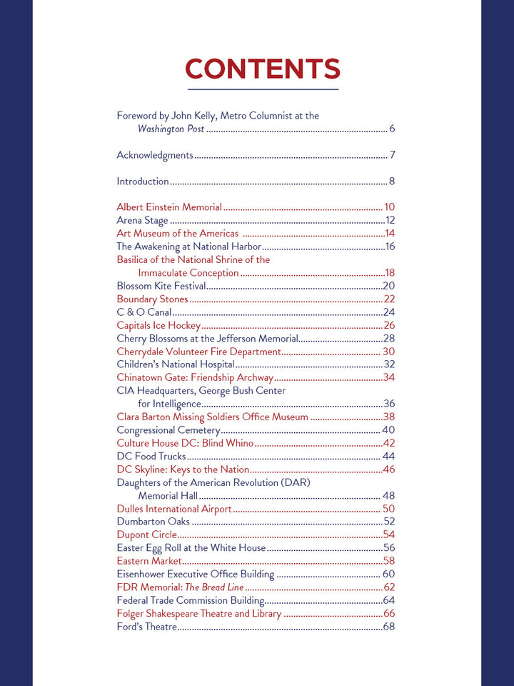 Table of contents page with red "CONTENTS" title lists essays, memorials, museums, art quilts by fiber artists, and historic buildings in Washington D.C. from Inspired by the Nation's Capital by Schiffer Publishing, Ltd., all in one column.
