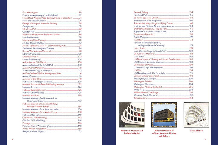 Two pages from Schiffer Publishing, Ltd.'s Inspired by the Nation's Capital feature a table of contents listing DC landmarks with page numbers; below, photos show the Hirshhorn Museum, National Museum of African American History and Culture, and Union Station.