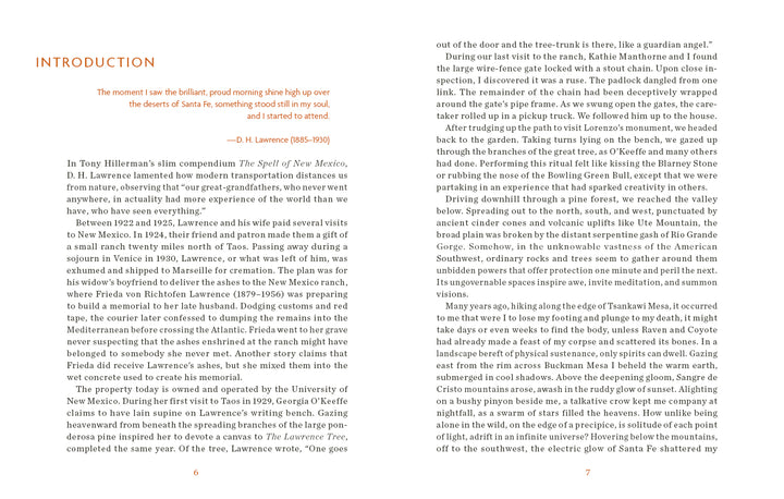 A two-page spread from Sketchbook Traveler Southwest by Schiffer Publishing, Ltd. features text on D.H. Lawrence and the Southwest, a highlighted quote at the top left, “INTRODUCTION” in orange, and a two-column visual journal layout on white.