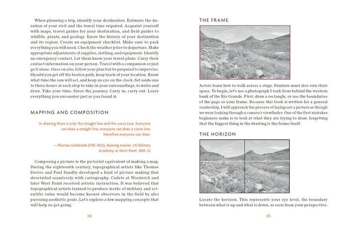Two open pages of Sketchbook Traveler Southwest by Schiffer Publishing, Ltd. display tips on mapping, composition, and photography for travelers. Two black-and-white landscape photos and orange-highlighted headings enrich this visual journal.