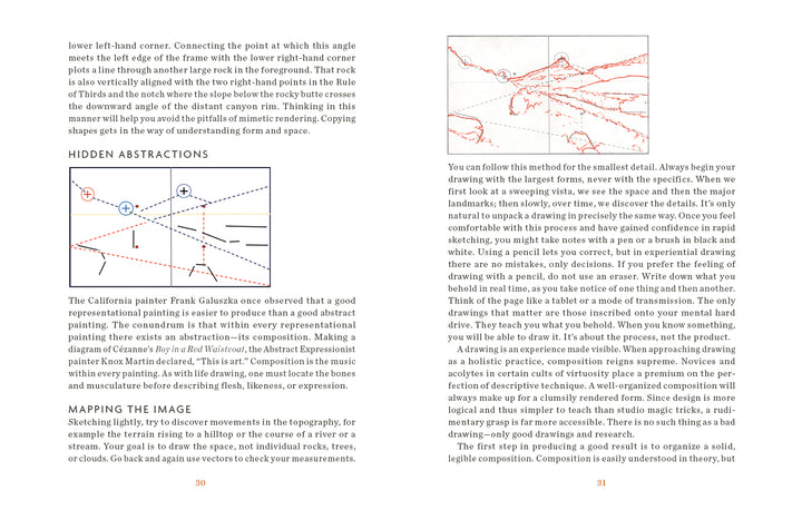 The Sketchbook Traveler Southwest by Schiffer Publishing, Ltd. is open to two pages featuring diagrams, text, and sketches with lines, circles, and arrows about artistic composition and mapping images using abstraction and geometry.