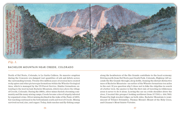 The Sketchbook Traveler Southwest by Schiffer Publishing, Ltd. features a hand-drawn panoramic of Bachelor Mountain near Creede, Colorado, with handwritten notes on its geology and history—perfect for adventurous sketchbook travelers.