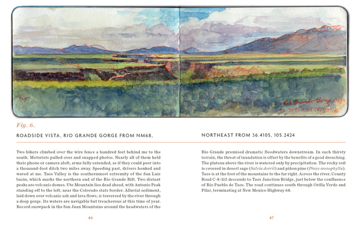 The Sketchbook Traveler Southwest by Schiffer Publishing, Ltd. features a watercolor landscape with mountains, mesas, a green valley, and blue sky. Handwritten notes mark the Rio Grande Gorge coordinates—ideal for visual journals or travelers.