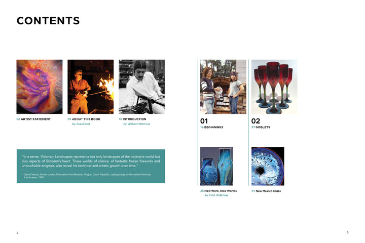 The Josh Simpson contents page from Schiffer Publishing, Ltd. lists sections like Artist Statement, About the Book, and St. Goblets, each with glass art images and brief descriptions alongside related photos.
