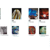 A table of contents page featuring vibrant glass art images from "Josh Simpson" by Schiffer Publishing, Ltd.—including vessels, sculptures, and disks. Thumbnail artwork and exhibition photos accompany each section number and title.