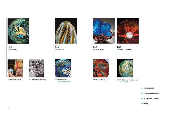 A table of contents page featuring vibrant glass art images from "Josh Simpson" by Schiffer Publishing, Ltd.—including vessels, sculptures, and disks. Thumbnail artwork and exhibition photos accompany each section number and title.