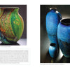 Two pages from "Josh Simpson" by Schiffer Publishing, Ltd. showcase glass art: a green and orange marbled vase on the left page, and three blue, space-inspired vases with intricate patterns by Josh Simpson on the right.