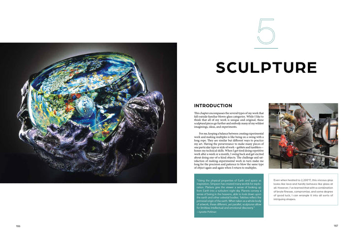 A vibrant glass sculpture by Josh Simpson, from Schiffer Publishing, Ltd., is displayed on a dark base (left). Two artists craft glass art in a studio (right). Text highlights sculpture and the glass-making process.