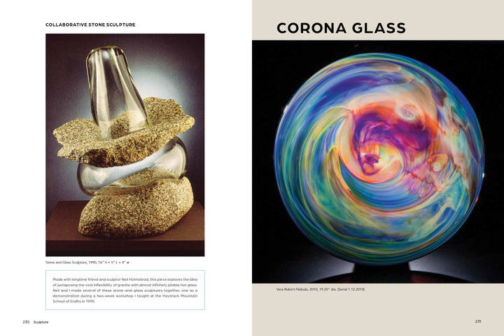 On the left is a smooth stone and glass sculpture on sand. On the right, a vibrant, swirling glass sphere by Josh Simpson from Schiffer Publishing, Ltd. Text above reads: CORONA GLASS.