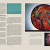 A magazine spread explores Josh Simpson’s cosmic glass art—vivid, swirling patterns in red, black, and gold—highlighted in Schiffer Publishing, Ltd.’s collection. Inset photos echo the outer space inspiration behind Simpson’s stunning creations.