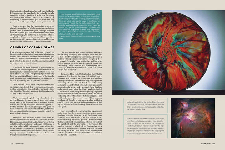 A magazine spread explores Josh Simpson’s cosmic glass art—vivid, swirling patterns in red, black, and gold—highlighted in Schiffer Publishing, Ltd.’s collection. Inset photos echo the outer space inspiration behind Simpson’s stunning creations.