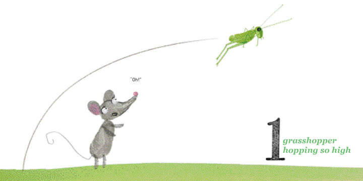 In "1, 2, 3, Lili's Counting" by Schiffer Publishing, Ltd., a gray mouse watches as a playful fingerprint-art grasshopper leaps high, with the text: “1 grasshopper hopping so high.” A delightful board book for early number and counting fun.