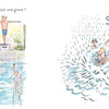 In "All the Things Dad Will Always Say" by Schiffer Publishing, Ltd., a boy stands with arms outstretched on a diving board as others watch. Next, he jumps in, making a huge splash with "SPLASH" written above the water.
