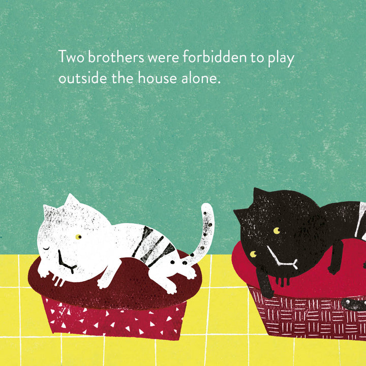 Inspired by Rocío Alejandro, this illustration for "Brothers" by Schiffer Publishing, Ltd. shows a white and black cat in red baskets on a yellow tiled floor, echoing sibling relationships from the children's book. Text above: Two brothers were forbidden to play alone outside.