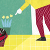 Illustration in the style of Rocío Alejandro: a person in a yellow top and red checkered pants points at a potted plant with yellow flowers, a striped pet in a basket nearby—great for "Brothers" by Schiffer Publishing, Ltd., about sibling bonds.