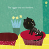 Inspired by Rocío Alejandro, Brothers by Schiffer Publishing, Ltd. features a black cat on a red stool, with a plant and another stool nearby. "The bigger one was obedient" highlights sibling relationships in this charming illustration.
