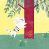 A white cat with black stripes climbs a tall red tree trunk in grassy scenery under leafy branches and a yellow background—ideal imagery for "Brothers," the children’s book by Schiffer Publishing, Ltd., celebrating sibling bonds.