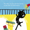 A black cat climbs a yellow wall as flowerpots fall, with white text: The older one was told that he had to look after his little brother. "Brothers" is a charming children's book about sibling bonds from Schiffer Publishing, Ltd.