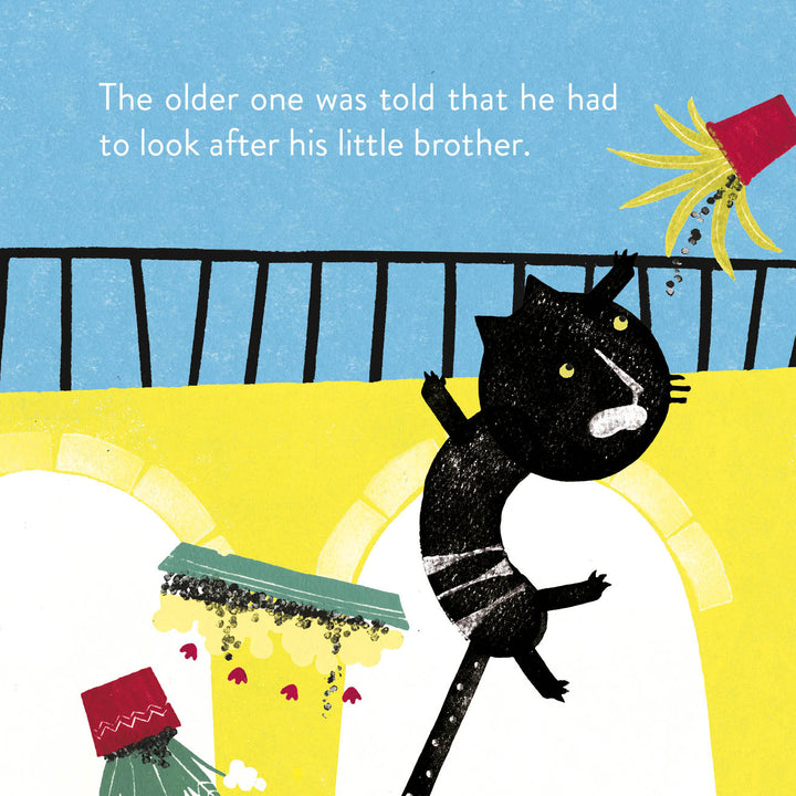 A black cat climbs a yellow wall as flowerpots fall, with white text: The older one was told that he had to look after his little brother. "Brothers" is a charming children's book about sibling bonds from Schiffer Publishing, Ltd.