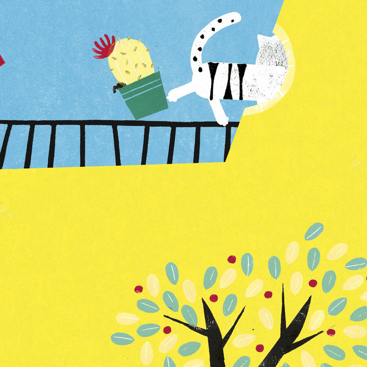 A white cat with black spots topples a potted cactus on a balcony above a leafy tree with red berries, set against a bright yellow and blue background—an ideal scene from "Brothers" by Schiffer Publishing, Ltd., celebrating sibling bonds.